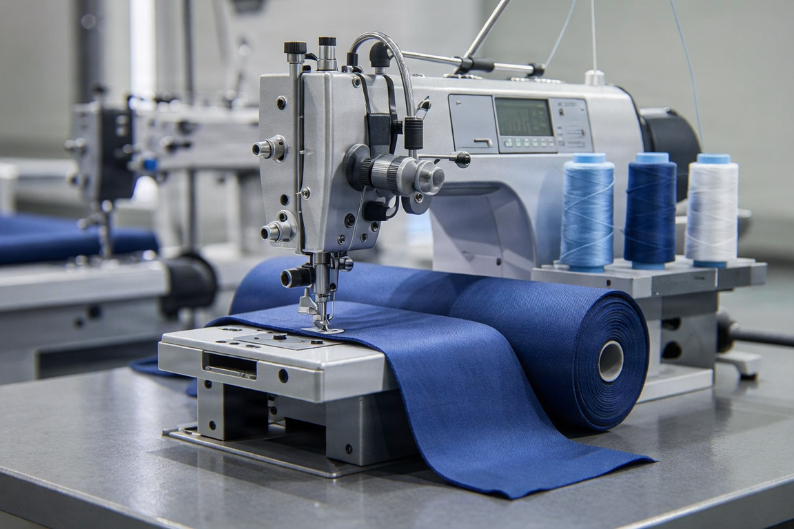 Textile production line, sewing machines and fabric.